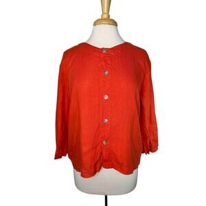 CHICOS DESIGNS Orange 100% Linen Button Up Blouse Size Medium (1) 3/4 Sleeve